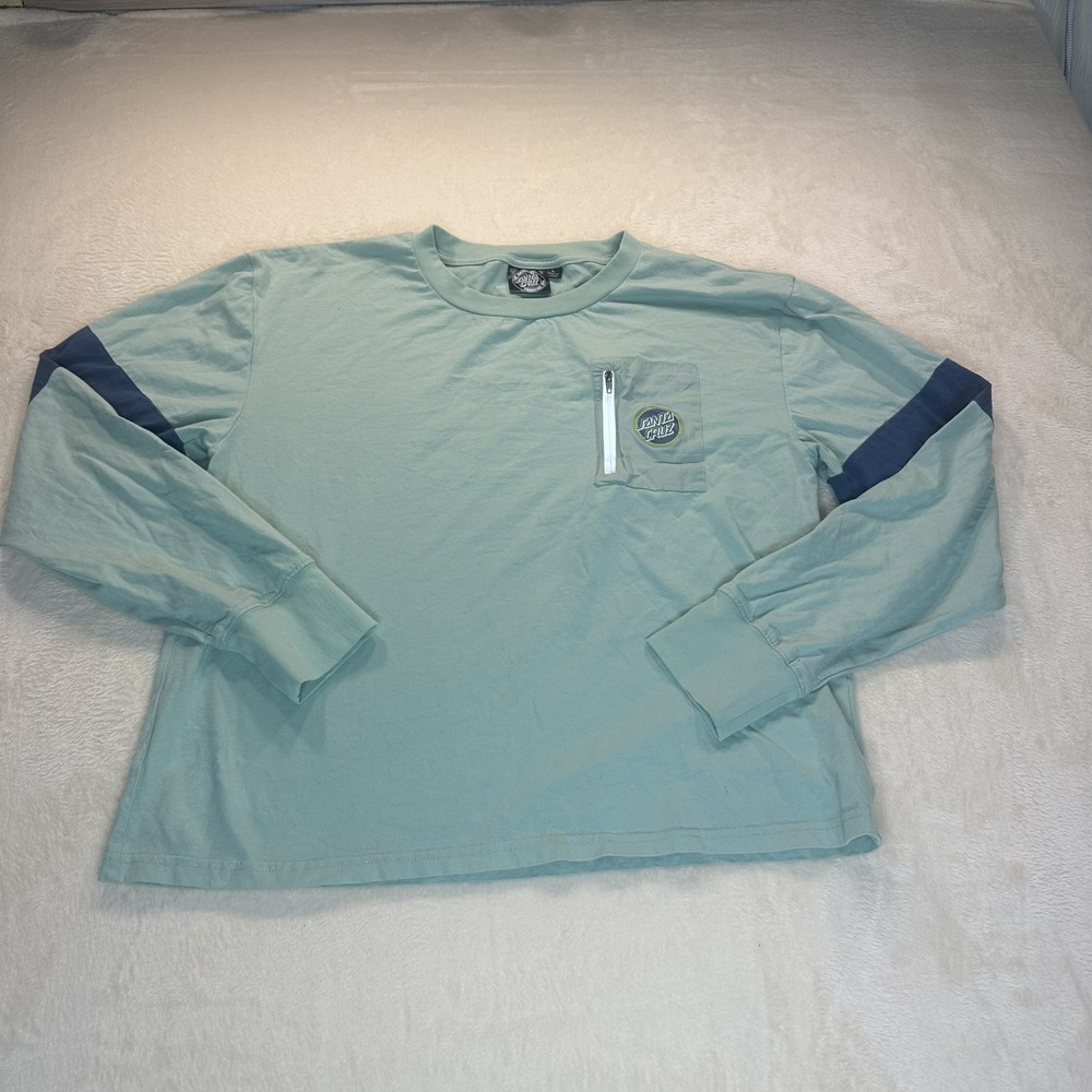 Santa Cruz Skateboard Long Sleeve T-Shirt Sage Green Blue Stripe Pocket Large